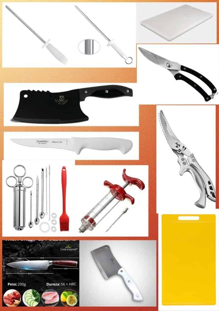 Kit completo de acessórios para assados com facas profissionais, cutelos, tesouras, injetores de tempero, termômetro digital, chairas e tábua de corte sobre bancada