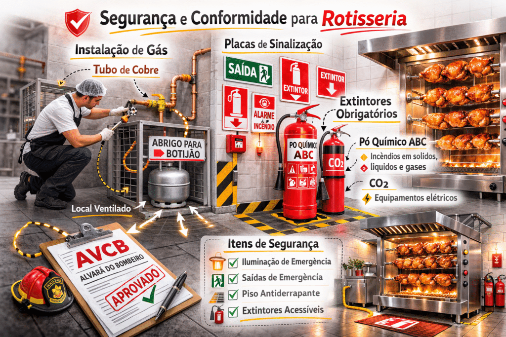 Infográfico sobre exigências do bombeiro para rotisseria com AVCB, instalação de gás com tubo de cobre, extintores ABC e CO2, placas de sinalização e máquina de assar frango