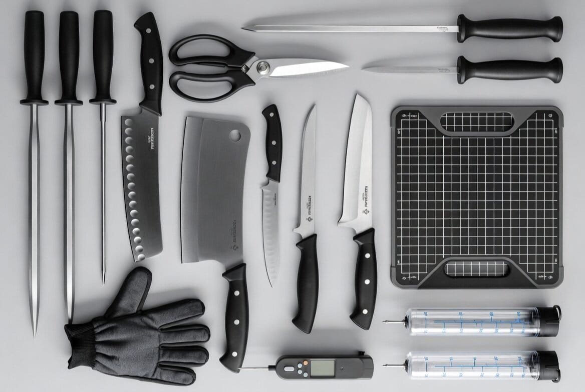 Seleção de acessórios para assados indispensáveis, incluindo termômetro digital para precisão, injetores de tempero e facas de corte com chaira para amolar."