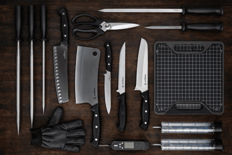 Seleção de acessórios para assados indispensáveis, incluindo termômetro digital para precisão, injetores de tempero e facas de corte com chaira para amolar."