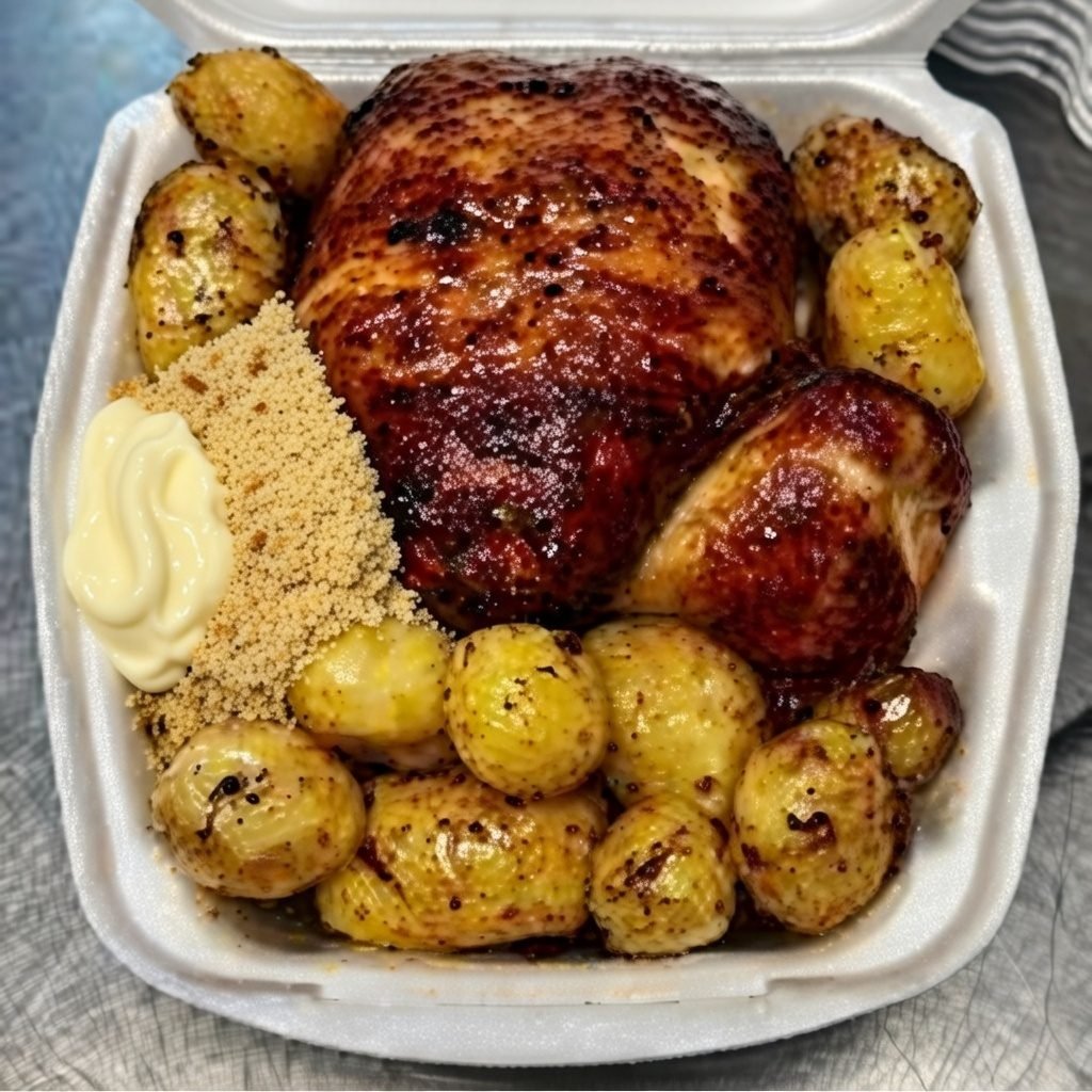 Como aumentar as vendas de frango assado, exemplo de combo de frango assado com acompanhamentos servido em uma rotisserie organizada, ideal para aumentar o faturamento.