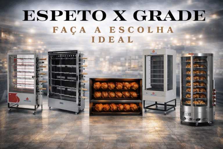 Comparativo entre máquina de assar frango de espeto tradicional e máquina giratória de grade multiuso.