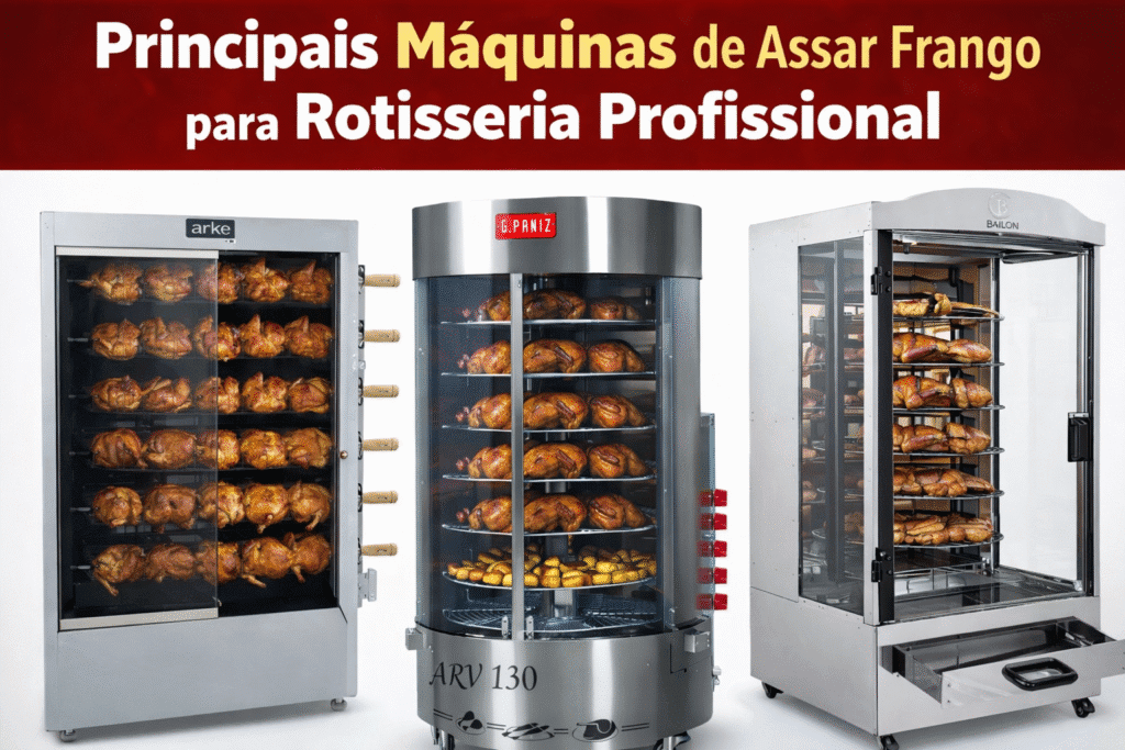 Comparativo com três máquinas de assar frango comerciais para rotisseria profissional, exibindo modelos espeto e rotativo com frangos assados