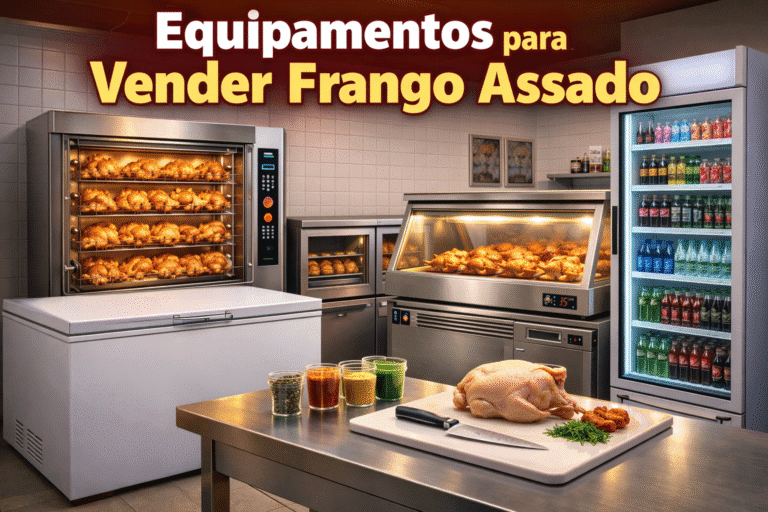 Estrutura completa com equipamentos para vender frango assado incluindo máquina de assar frango, freezer horizontal e freezer expositor de bebidas