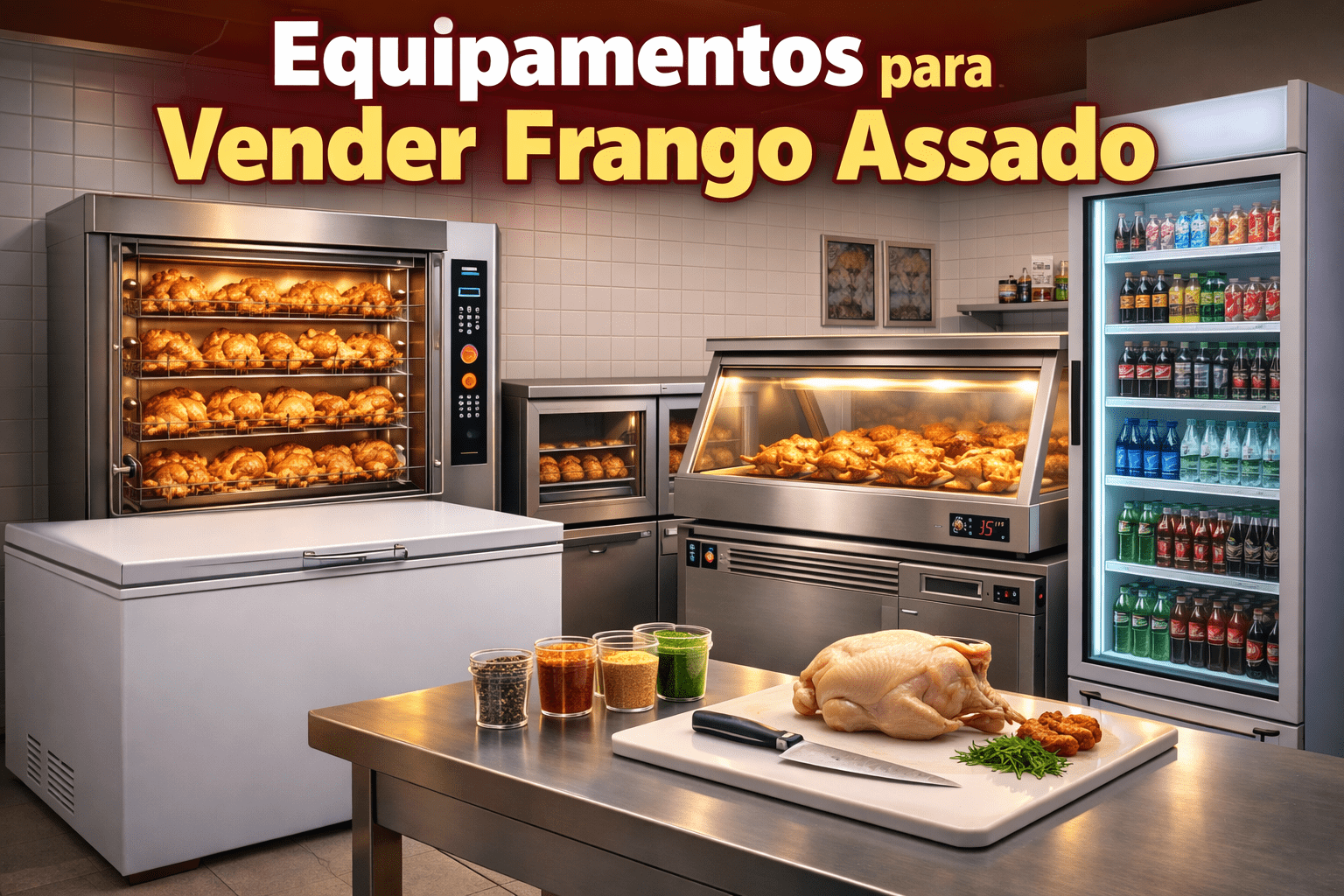 Estrutura completa com equipamentos para vender frango assado incluindo máquina de assar frango, freezer horizontal e freezer expositor de bebidas