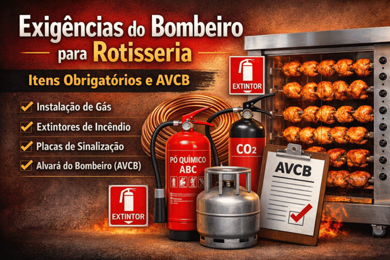 Imagem ilustrativa das exigências do bombeiro para rotisseria com extintores ABC e CO2, tubo de cobre, botijão de gás, placas de sinalização e máquina de assar frango