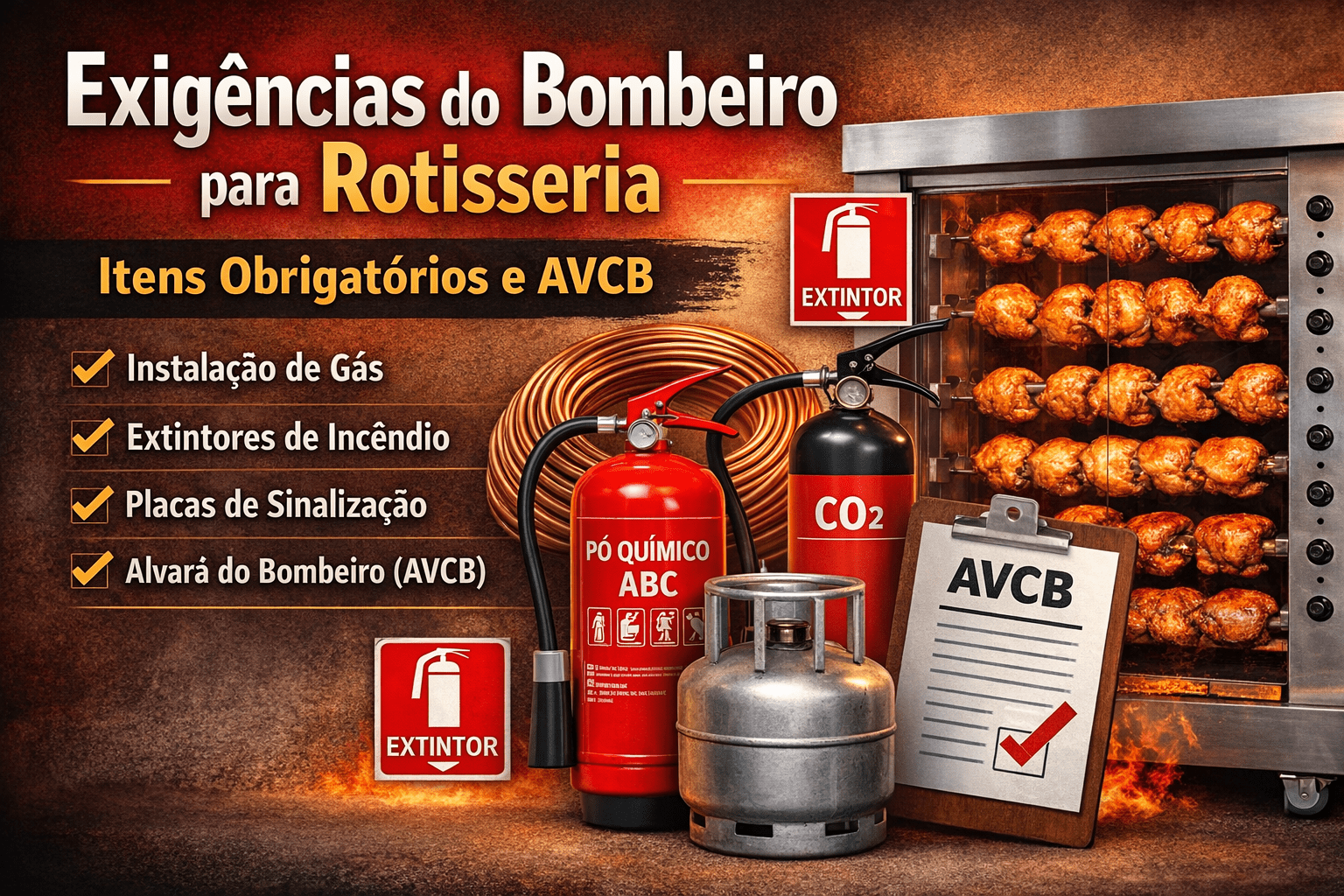 Imagem ilustrativa das exigências do bombeiro para rotisseria com extintores ABC e CO2, tubo de cobre, botijão de gás, placas de sinalização e máquina de assar frango