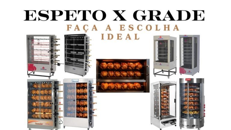 Comparativo entre máquina de assar frango de espeto tradicional e máquina giratória de grade multiuso.