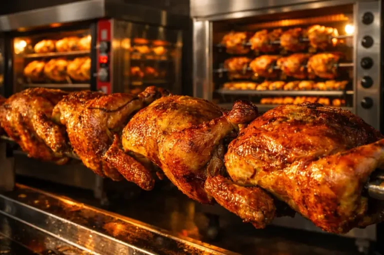 Frangos assados em máquina profissional rotativa, representando as melhores máquinas de assar frango para rotisseria comercial