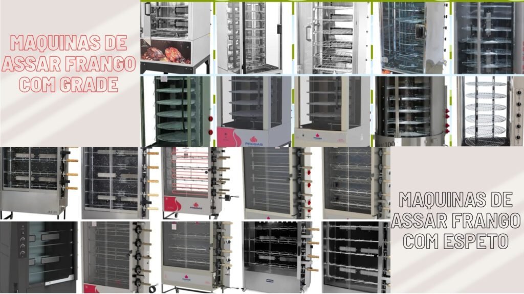 Comparativo de máquinas de assar frango espeto ou grade profissionais das marcas Progás, GPANIZ, Bailon, Saro e Venâncio em ambiente industrial.
