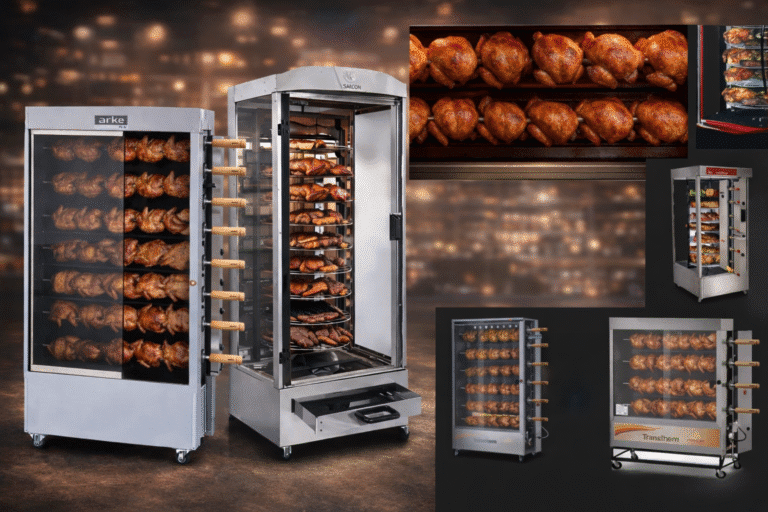 máquinas de assar frango profissionais com frangos assados girando