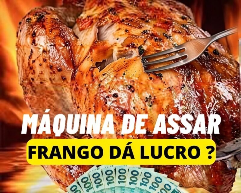 Frango assado dourado e suculento em uma máquina profissional, representando o lucro do negócio em 2026.